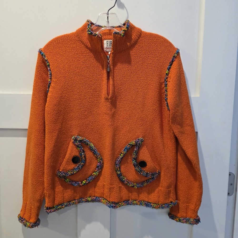 Vtg Art Deco Orange 1/4 Zip Sweater  Art To Wear Indie Artsy Pockets Mock Neck S